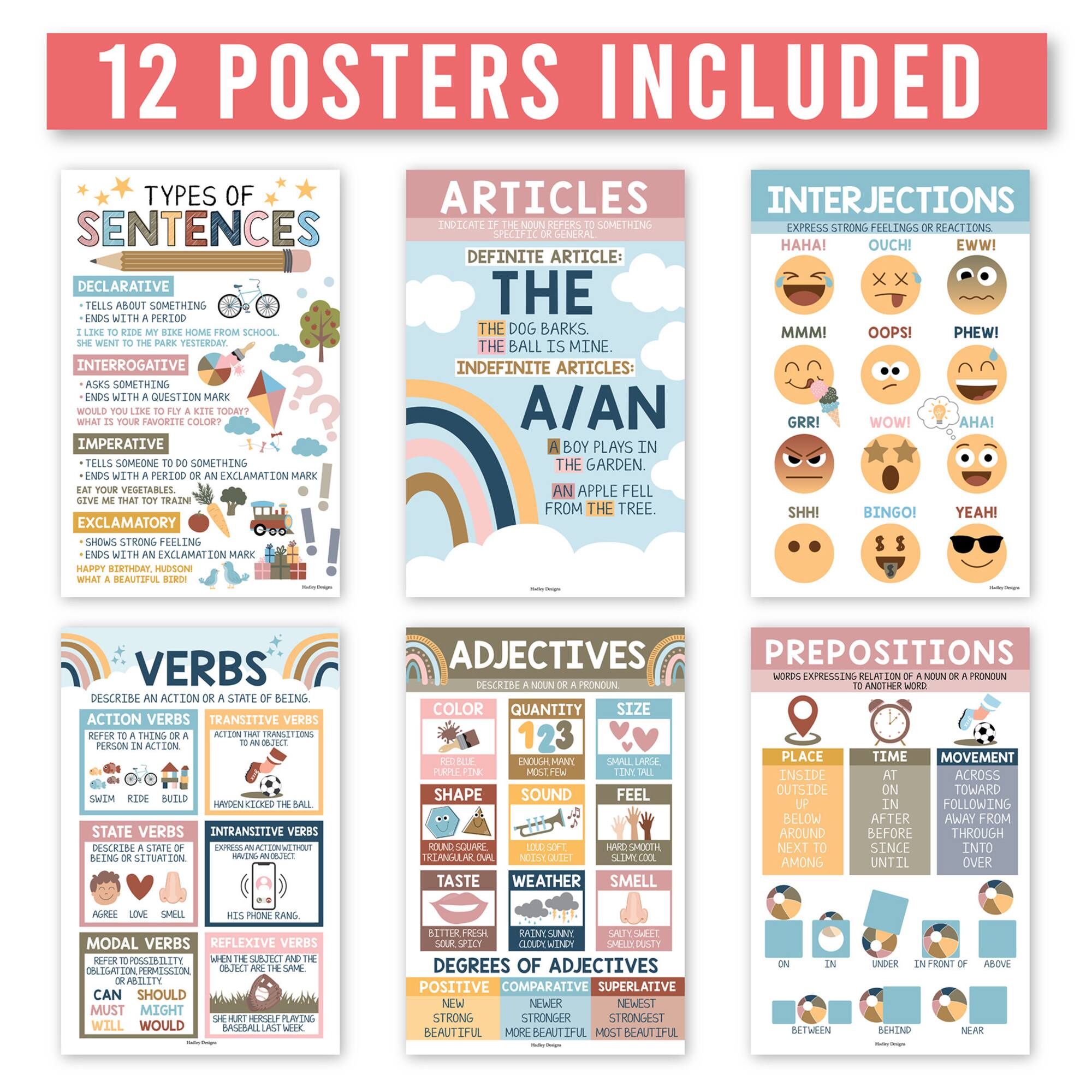 Hadley Designs 11" x 17" Boho Parts of Speech Language Arts and Grammar Laminated Posters Set